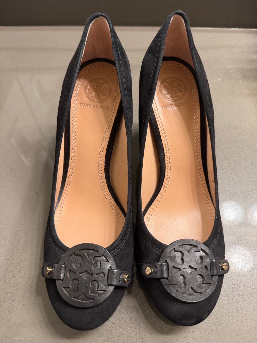 Tory Burch Black Suede Logo Round-Toe Ballet Flats